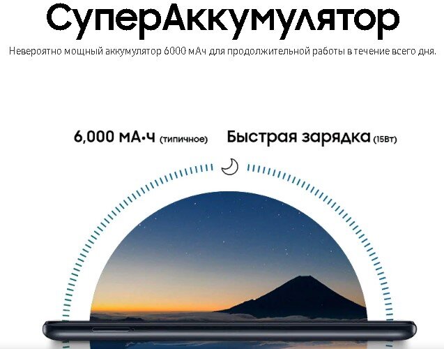 Аккумулятор 6000 миллиампер. Скриншот с сайта производителя Samsung