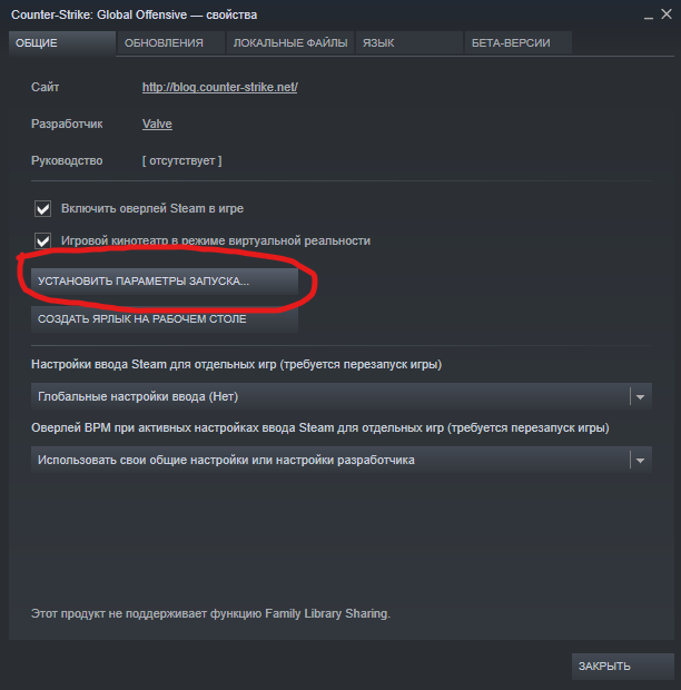 Свойства CS:GO в Steam