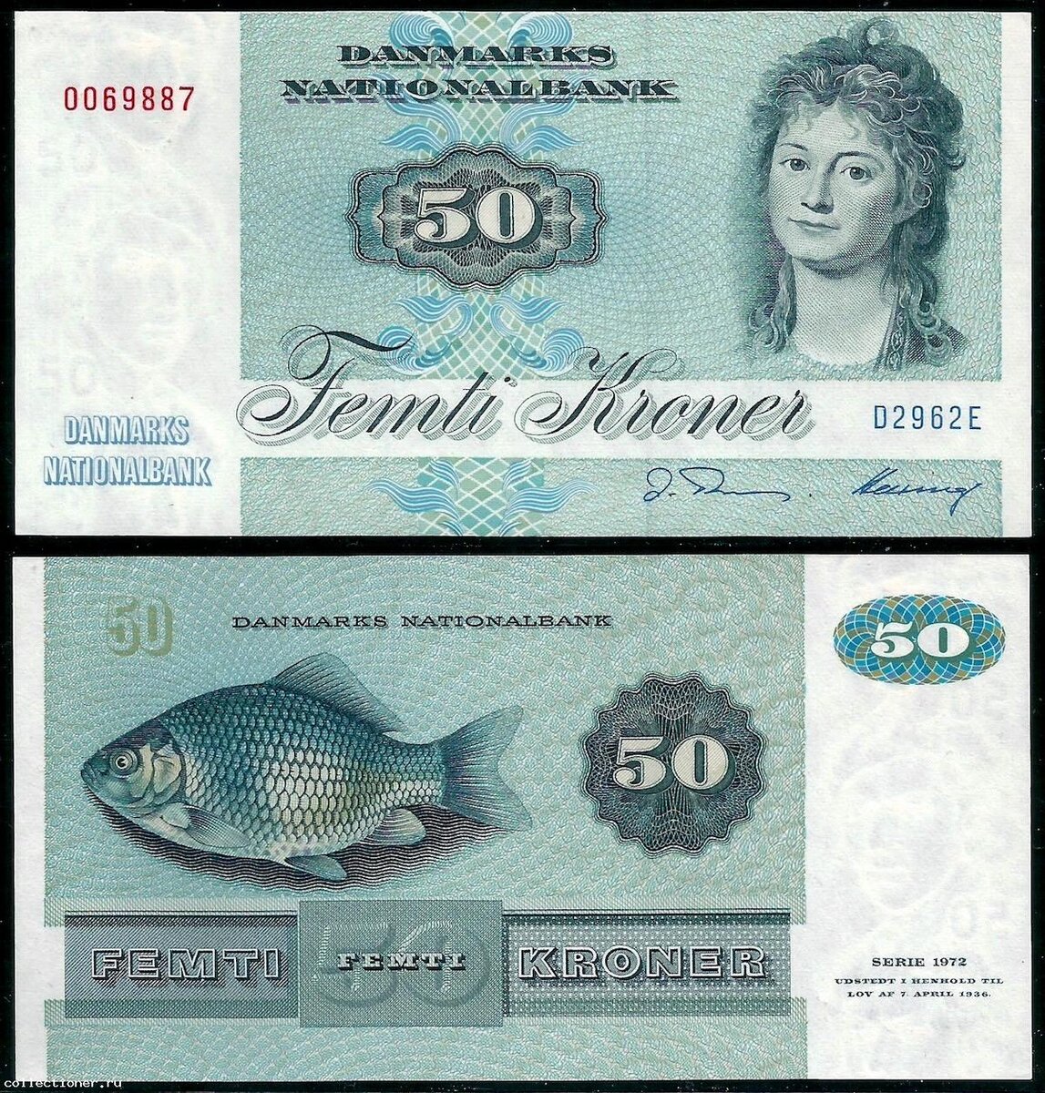 Дания -50 крон 1972 г  с изображением карася