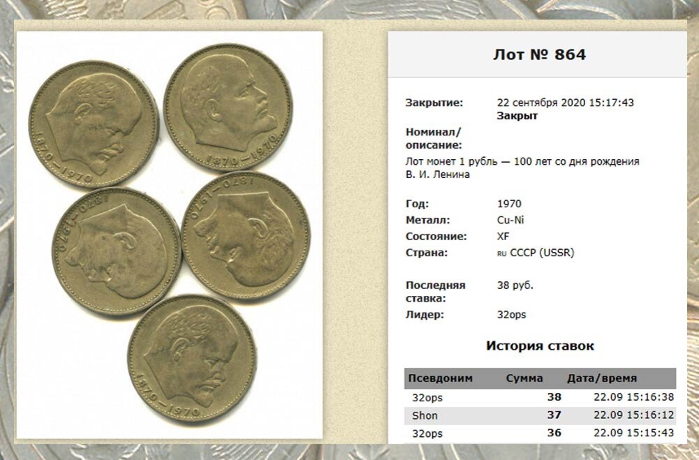 Лот из 5 юбилейных монет с Лениным был продан за 38 руб. на аукционе  anumis.ru