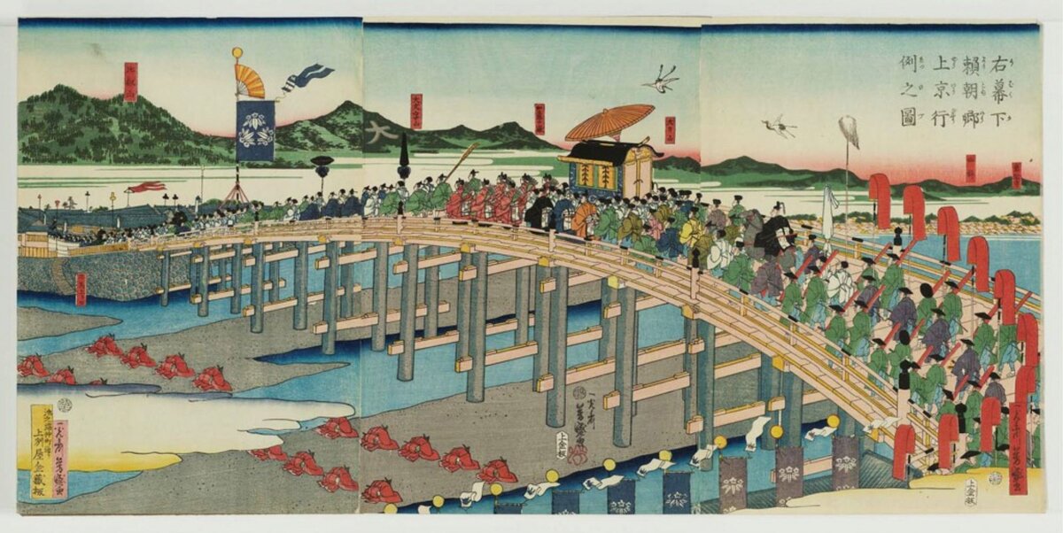 Artist:Utagawa Yoshimori Title:The Procession of Lord Yoritomo, Minister of the Right, on the Way to Kyoto (Ubakuka Yoritomo kyô jôkyô gyôretsu no zu) Date:1863