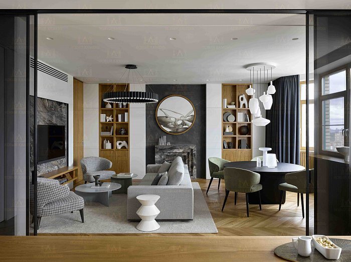 Облицовка камина и настенное панно выполнены из мрамора Arabescato Grigio Orobico