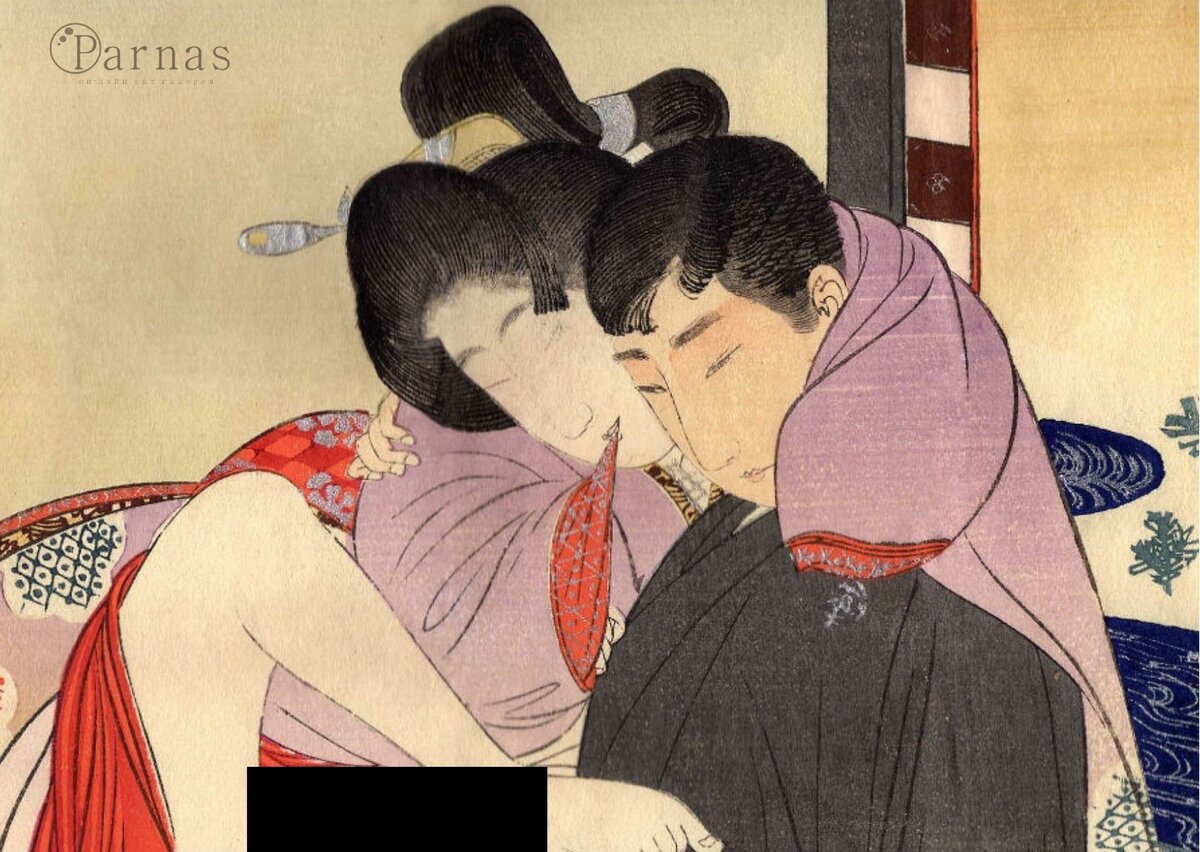 Сюнга периода Мэйдзи. Мужчина с европейской причёской совокупляется с женщиной в традиционном японском костюме