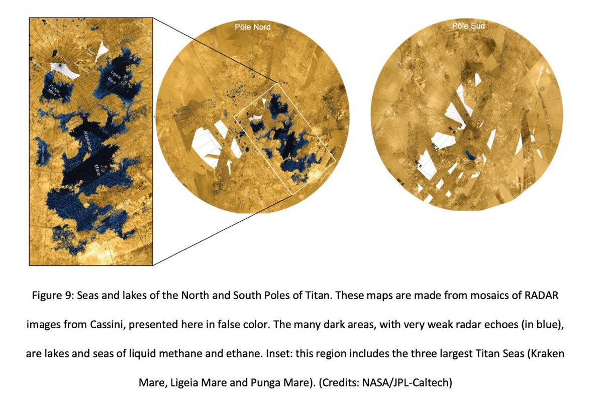 Моря и океаны северного и южного полюсов Титана. Карты собраны из снимков, сделанных космическим аппаратом «Кассини». Темно-голубым цветом выделены озера и моря