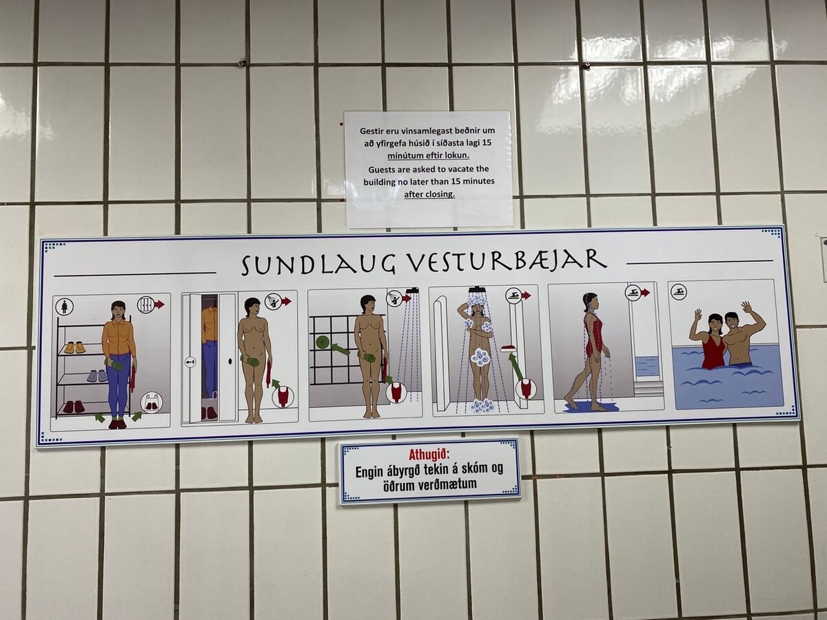 Плакат в раздевалке бассейна Vesturbæjarlaug, Рейкьявик