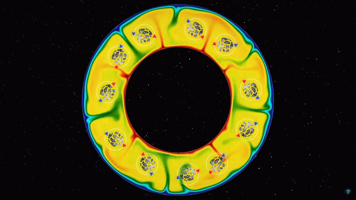 Движения масс в слое Мантии. (скриншот из видео - https://clck.ru/QwMPi)