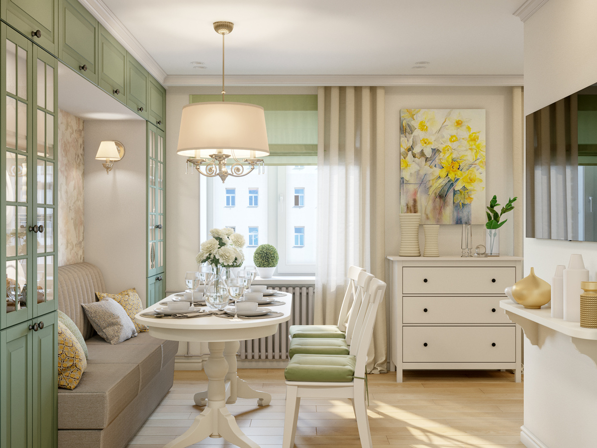 Большой обеденный стол в совмещенной кухне-гостиной