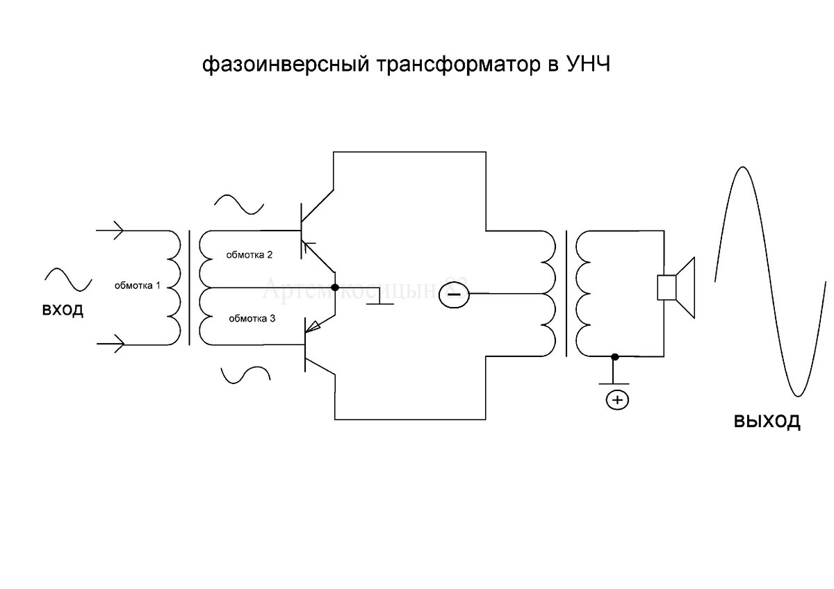 фазоинверсный трансформатор в усилителе низкой частоты на трансформаторах