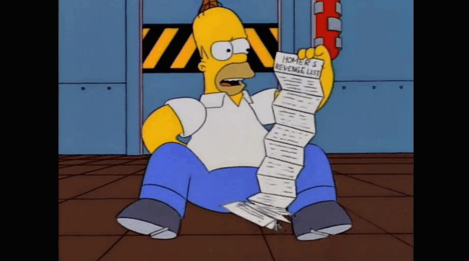 Список врагов Гомера (тех, кому он хочет отомстить) //Симпсоны (The Simpsons), s06e12 © 20th Century Fox Film Corporation