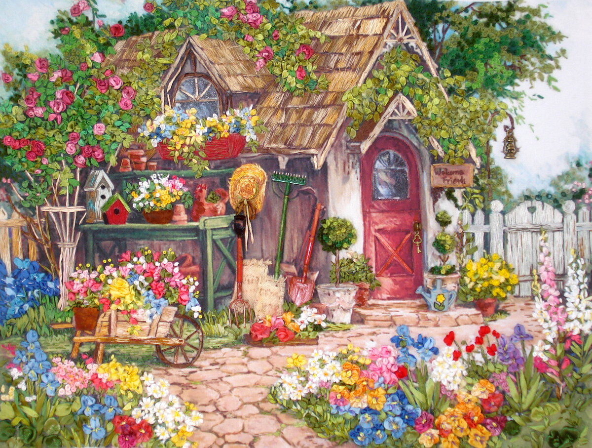 Вышивка шелковыми лентами по картине художницы Barbara Mock.