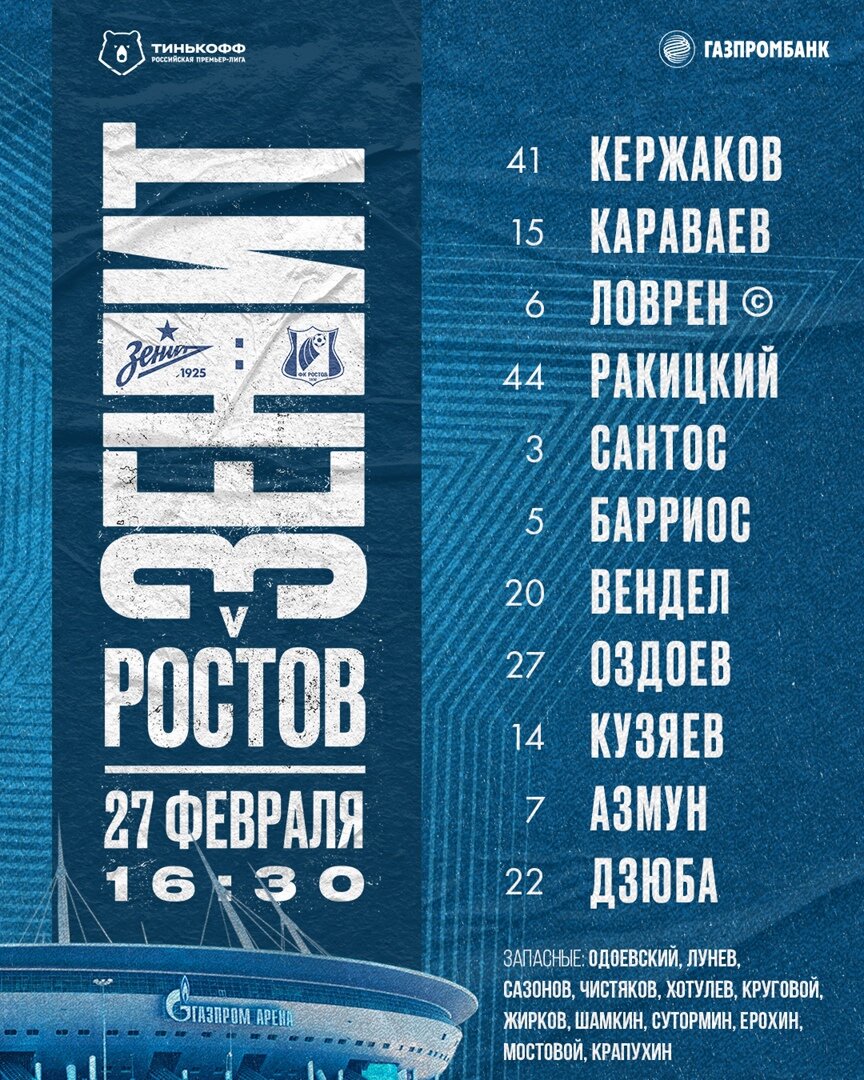 Стартовый состав "Зенита" (фото с оф. гр. "Зенита" в ВК https://vk.com/zenit?z=photo-16824047_457347308%2Falbum-16824047_00%2Frev)