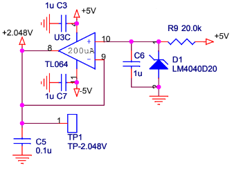 Рисунок  2. Построение опорного источника для АЦП. LM4040 выпускаются на ряд  напряжений. В моей практике, при полном отсутствии необходимых деталей,  как временное решение использовался резисторный делитель.
