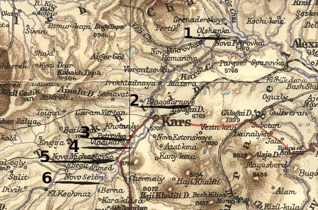 Старая карта молоканских поселений в Карсской области. 