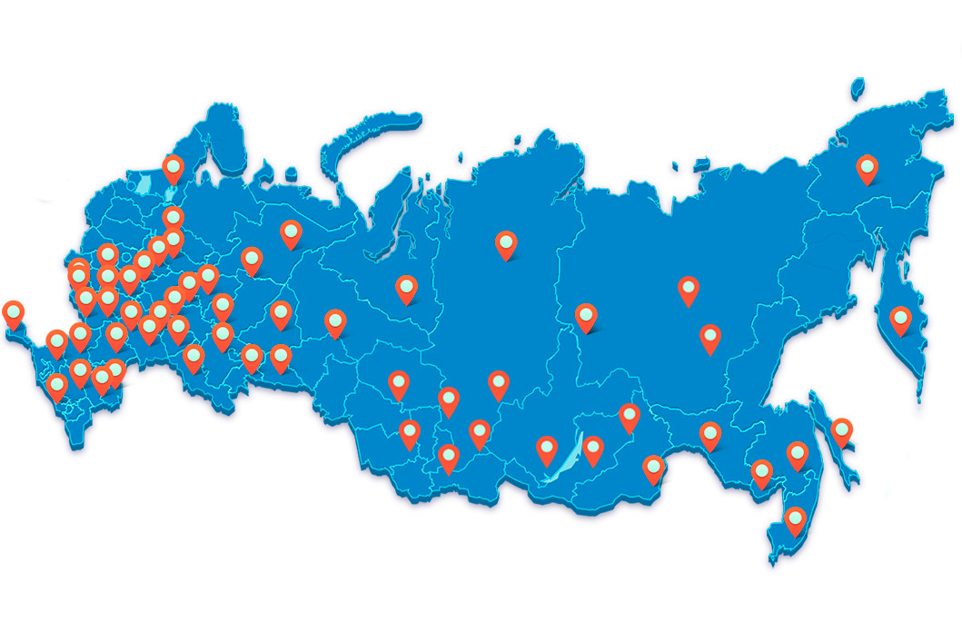 Работаем по всей россии. Карта России. Карта России с филиалами. Карта России точками. География поставок.