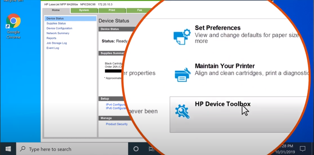 А затем выберите пункт HP Device ToolBox