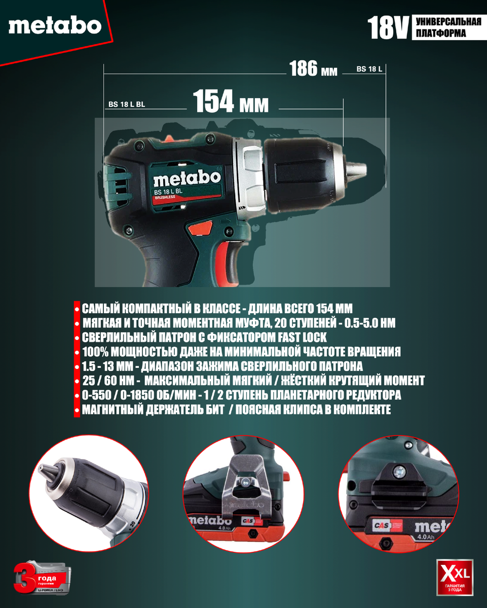 Metabo BS 18 L BL - безударная дрель-шуруповёрт класса Light Duty