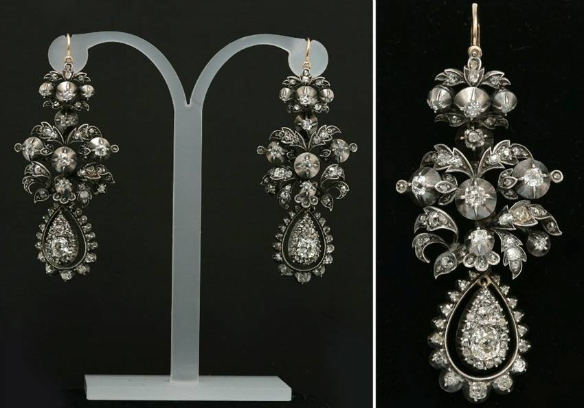 219 природных алмазов и бриллиантов. Предположительно Зап. Европа, первая половина XIX в. Эти серьги трансформеры состоят из 3-х элементов, два из которых можно снять. Людмила Георгиевна очень любила эти серьги и носила их в молодости, почти на всех фотографиях 50ых-60ых годов она в них.