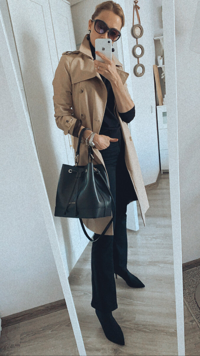 Плащ Mango, джинсы H&M, гольф 8 by YOOX, сапоги-носки H&M, сумка Tuscany Leather.