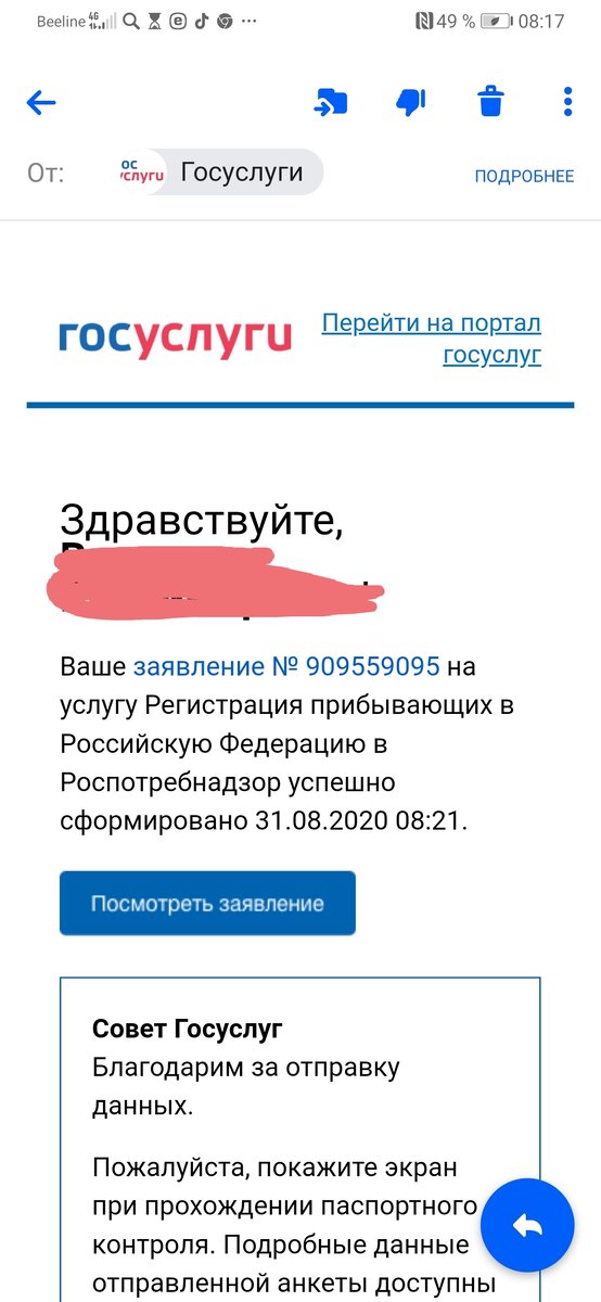 На почту пришло письмо, о том, что моё заявление сформировано. 