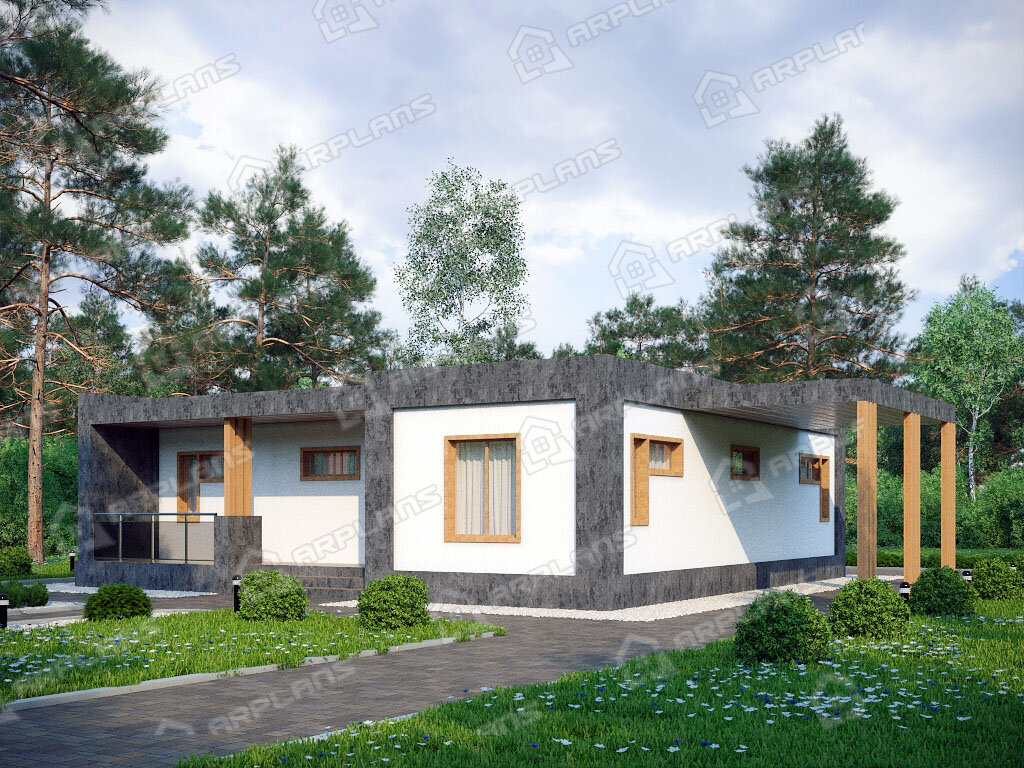 Фото 2 одноэтажного дома из газобетона с 2 спальнями, террасой и газовой котельной и навесом для машины. 110 кв м. Источник arplans.ru Проект К-190