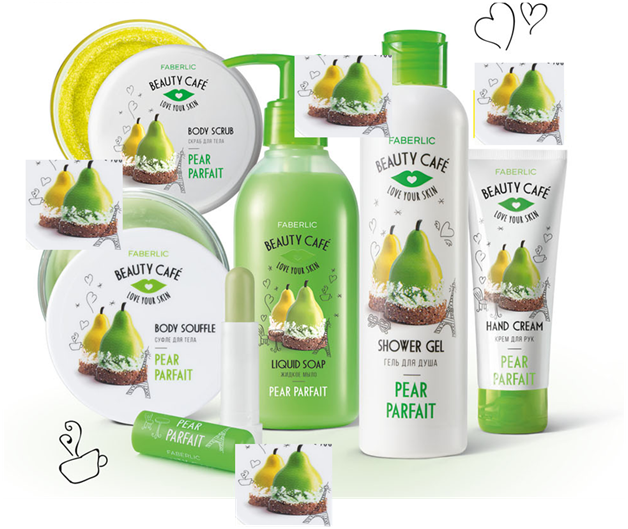 В линию средств входят: 
арт. 2538 скраб для тела, 120 г
арт. 2503 суфле для тела, 150 мл
арт. 2568 бальзам для губ, 4,3 г
арт. 2537 жидкое мыло для рук, 200 мл
арт. 2536 гель для душа, 200 мл
арт. 2557 питательный крем для рук, 75 мл
