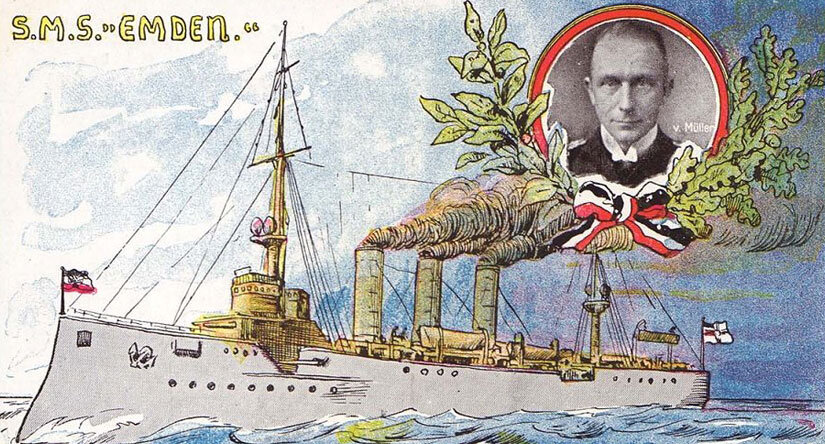 Германская открытка с изображением крейсера «Эмден» и бравого капитана Карла фон Мюллера 