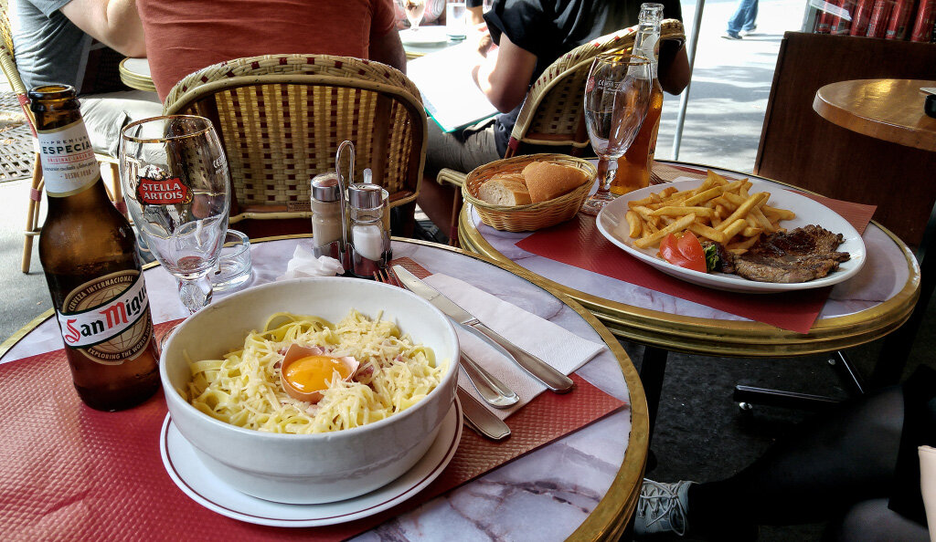 Обед в типичном кафе в центре. Карбонара и стейк ничем не отличаются от того, как это готовят у нас.