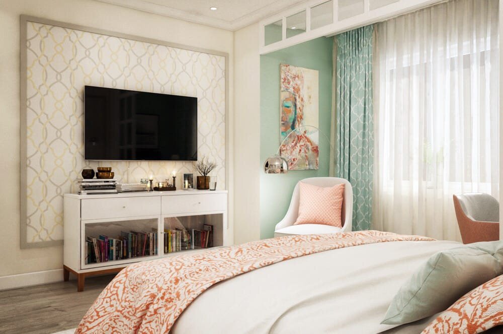 Небольшая спальня, по проекту, задумывалась как часть комнаты, разделенной перегородкой на две зоны