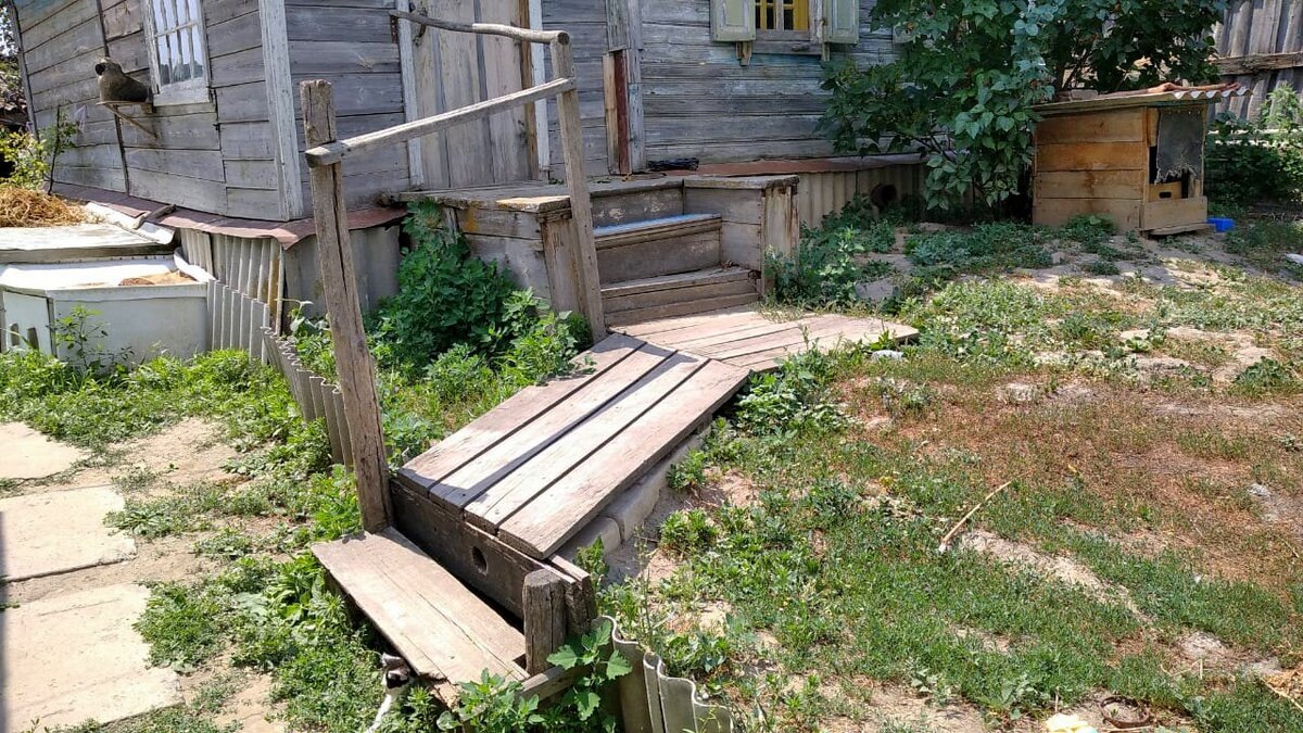 Этот "мостик" с перилами Коробок смастерил, когда мама еще ходила, чтобы ей было проще подниматься и спускаться (