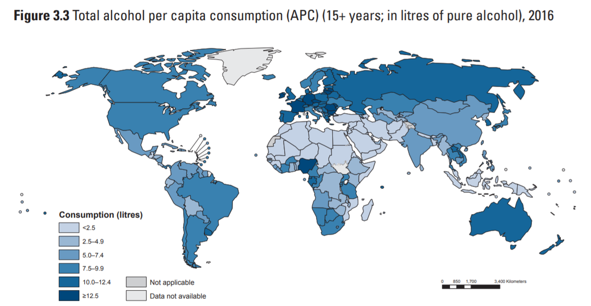 Общее потребление алкоголя на душу населения (APC) (15+ лет; в литрах чистого алкоголя), 2016 г. Источник: Всемирная организация здравоохранения www.who.int/ru