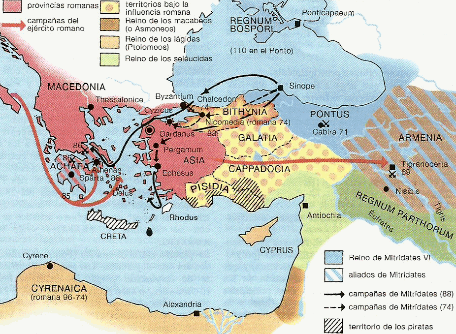 1-ая Митридатова Война. Понтийское царство Митридата 4 Евпатора и Армянское царство Тиграна 2 Великий, подержанные эллинистическими правителями Парфии, Селевкии и Египта, Иудейским царством(династия Хасмонеев), воевали с Древним Римом за господство в Греции и Малой Азии. Три Митридатовы войны к 63г.до н.э. завершились поражением союзников, установление власти Древнего Рима в Малой Азии и на Ближнем Востоке.
