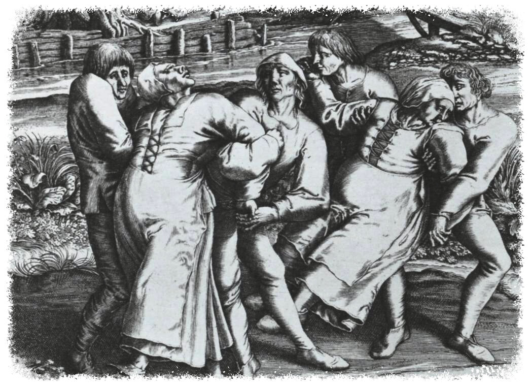 Гравюра Хендрика Хондиуса с изображением трех женщин, страдающих танцевальной чумой — Репродукция Питера Брейгеля Старшего