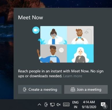 Форма создания и присоединения к конференциям в Meet Now, прямо из панели уведомлений.