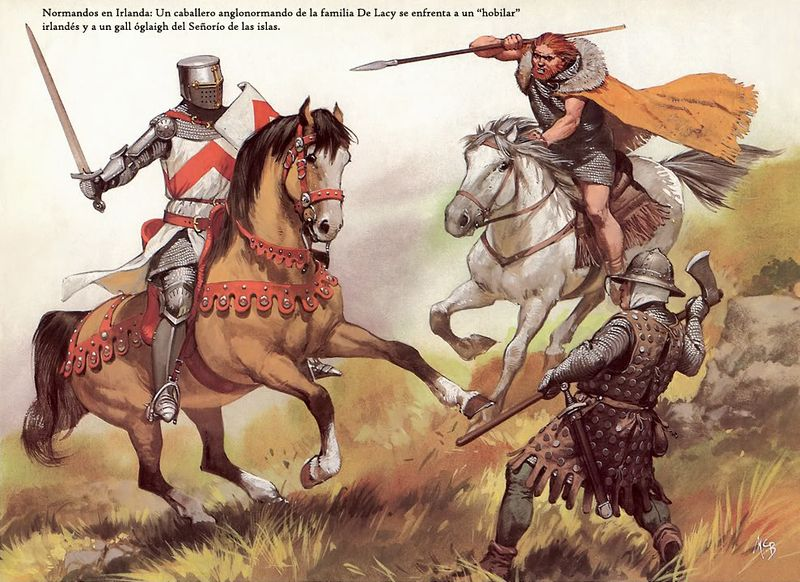Англо-нормандский рыцарь, хобелар и гэльский пехотинец (арт www.wikiwarriors.org).