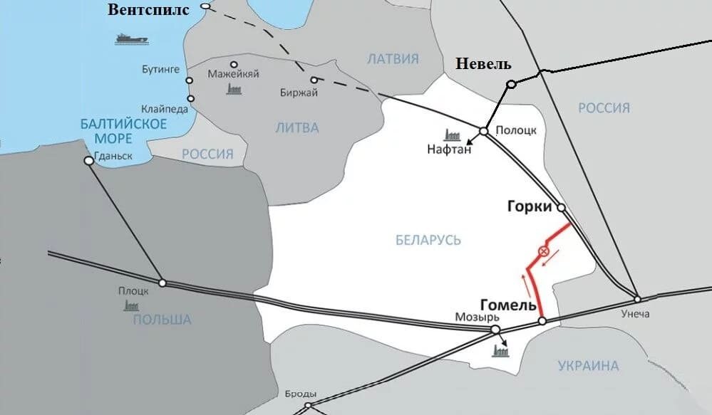 Трансбелорусские нефтепроводы и «стимулирующий» проект для нероссийской нефти (обозначен красным цветом)