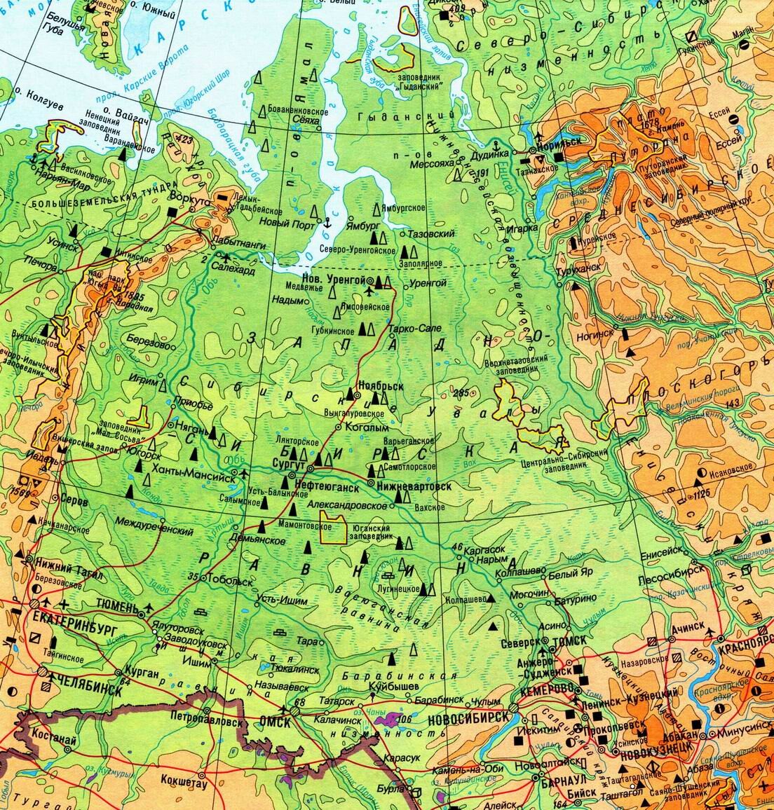 Карта Западной Сибири географическая крупная с городами
