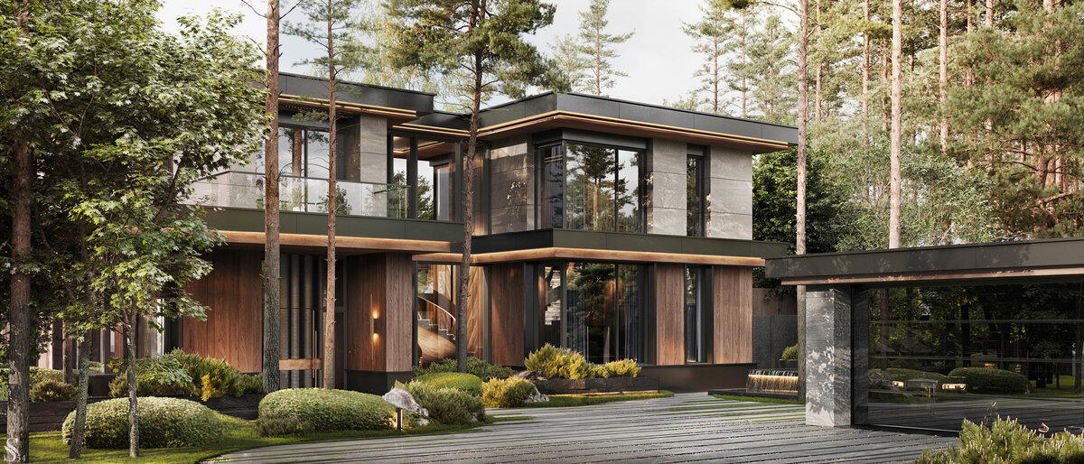 По таким элементам, как материалы фасада, плоская крыша, витражное окно с лестничным пролетом, можно сразу отличить нашу стилистику в архитектуре. Специально для этого проекта мы интегрировали в постройку множество необычных визуальных и технологических элементов