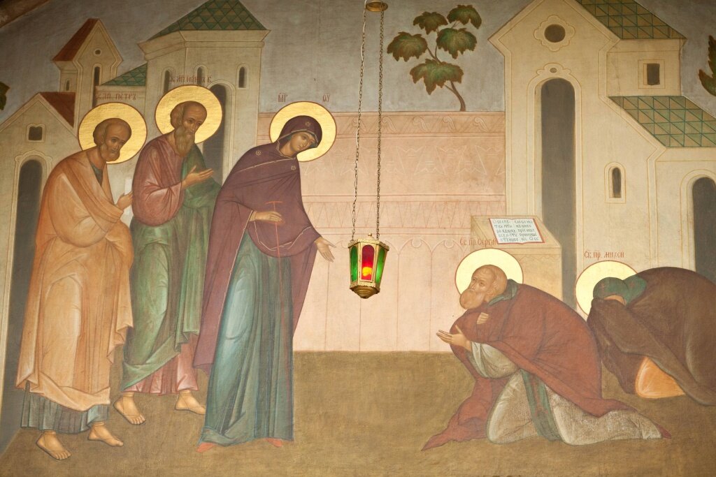 Явление Божией Матери преподобному Сергию Радонежскому. Фреска, написанная монахиней Иулианией (Соколовой) в Серапионовой палате Троице-Сергиевой лавры 