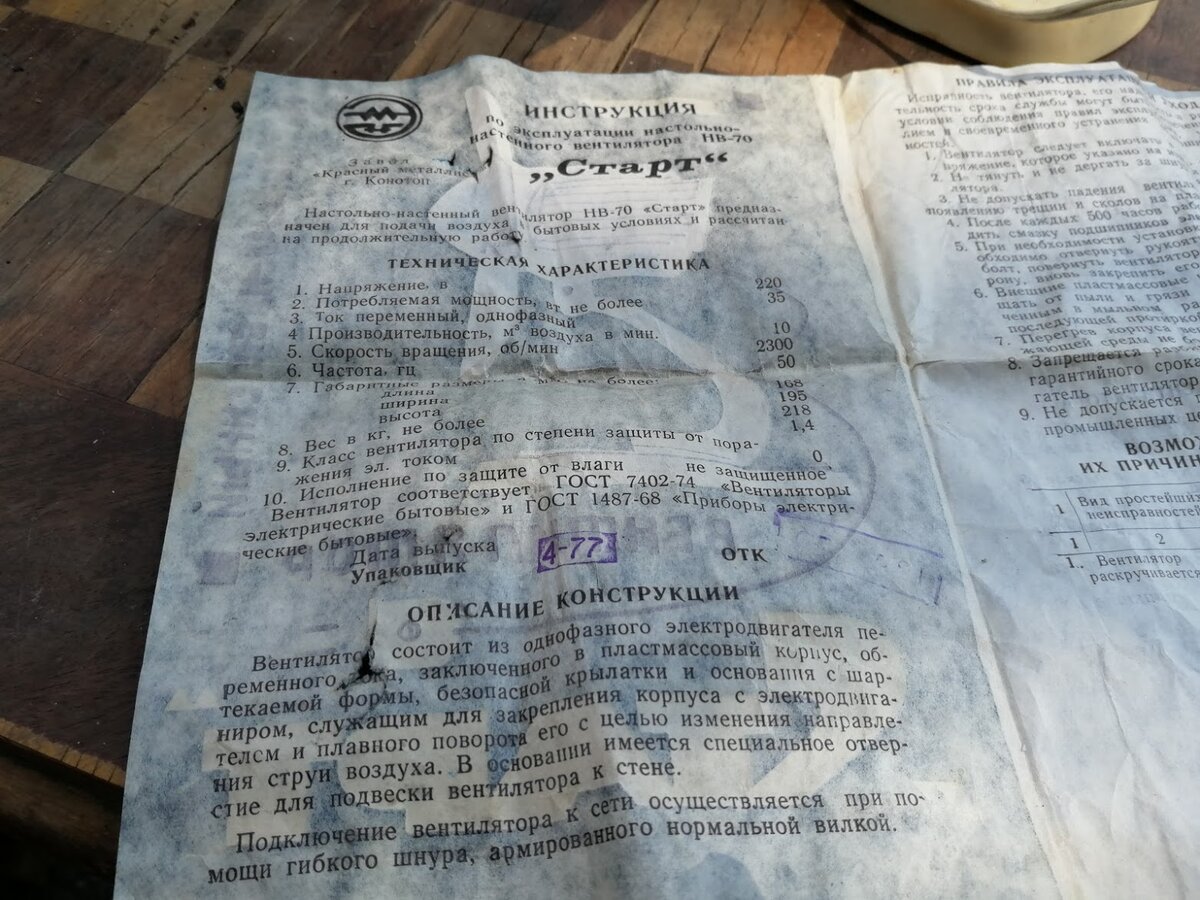 Паспорт советского вентилятора "Старт" 1977 года выпуска. Фото Светы Давыдовой