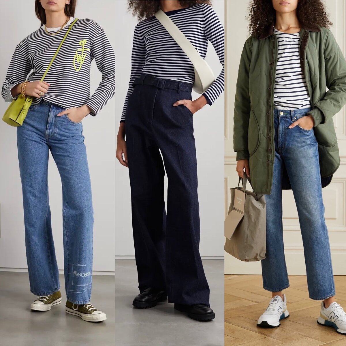 Варианты стилизации тельняшки с джинсами (фото www.net-a-porte.com, коллаж автора)