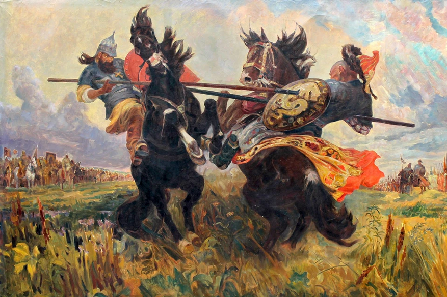 Поединок богатырей Пересвета и Челубея. Автор картины - Михаил Иванович Авилов.