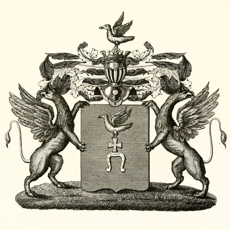 На картине представлен герб дворянского рода Каменевых. Первые упоминания о роде Каменевых историки относят к XVI столетию. Из известных представителей Каменевых можно выделить Терентия Ивановича Каменева, казацкого сотника города Курска в XVI столетии. Дворянский род Каменевых был внесён в VI часть дворянской родословной книги Курской губернии [3].