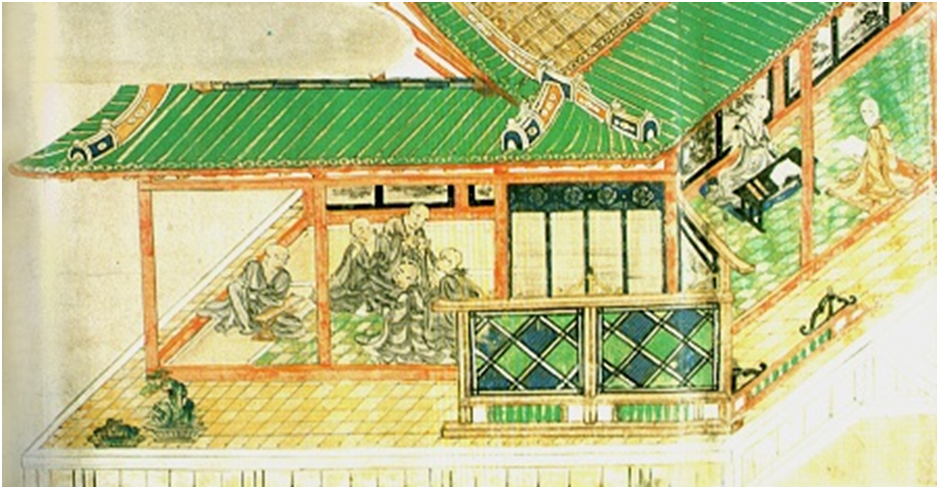 Фрагмент свитка «Сайге Моногатари Эмаки». 1195 г. 
Источник: https://commons.wikimedia.org/wiki/File:Saigyo_Monogatari_Emaki_(detail).jpg
