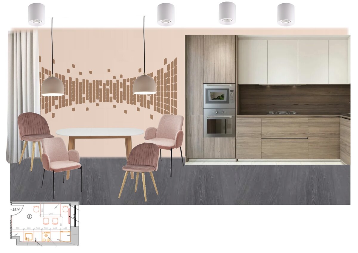 Уютная кухня в нежных цветах, акцент в виде аппликации на стене, приятные текстуры дерева 