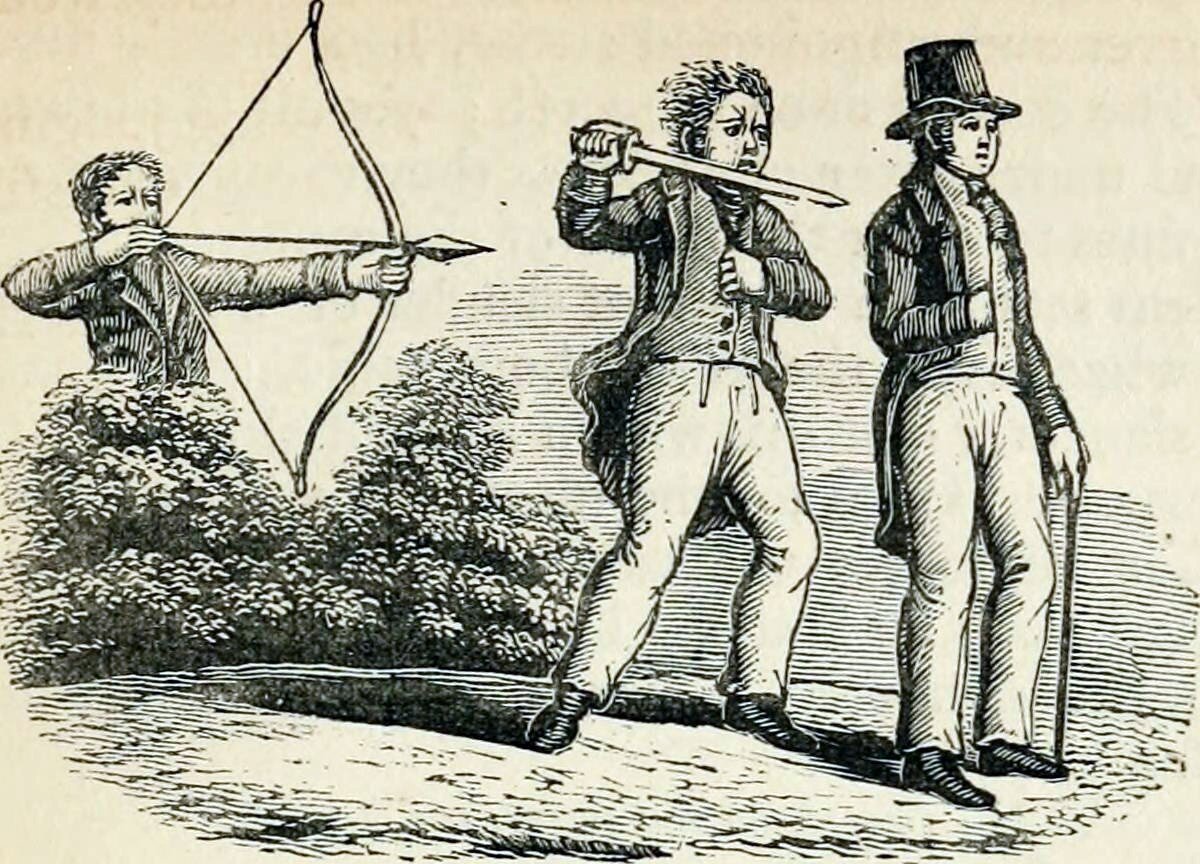 Старинная наглядная аллегория клеветы и злословия, основанная на псалмах: «Ибо нечестивые натягивают лук свой, приготовляют стрелу свою на тетиве, чтобы тайно стрелять в праведных сердцем» (11:2); «Язык их — острый меч». (57:4). (со страниц Wikipedia). Английский термин "backbiting" означает подлое, бесчестное нападение со спины. 