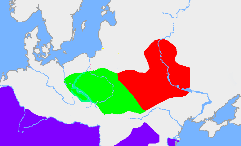 Зеленый цвет - пшеворская культура(германцы), красный - зарубинецкая культура (протославяне).
