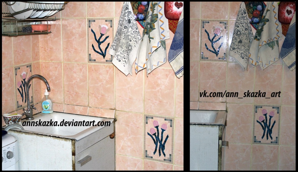 Моя кухня. Мозаику делала я сама. Прошло много лет и так как это были наклейки часть их уже отвалилась. 
