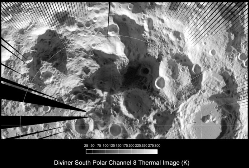 Самое холодное место в Солнечной системе находится на Луне. Инфракрасный снимок LRO. Самое тёмное место — самое холодное.
