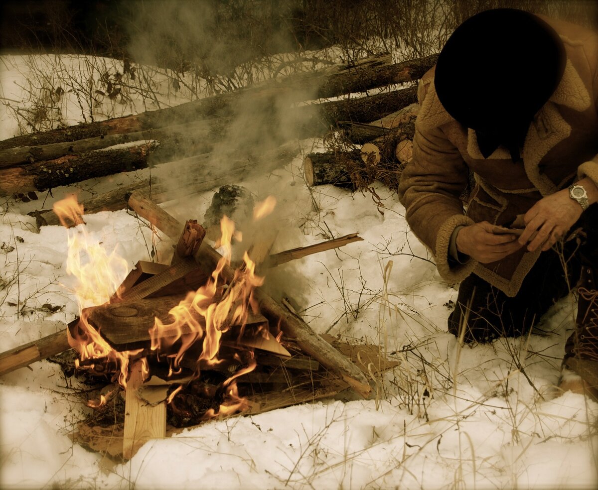 Огонь в зимнем лесу