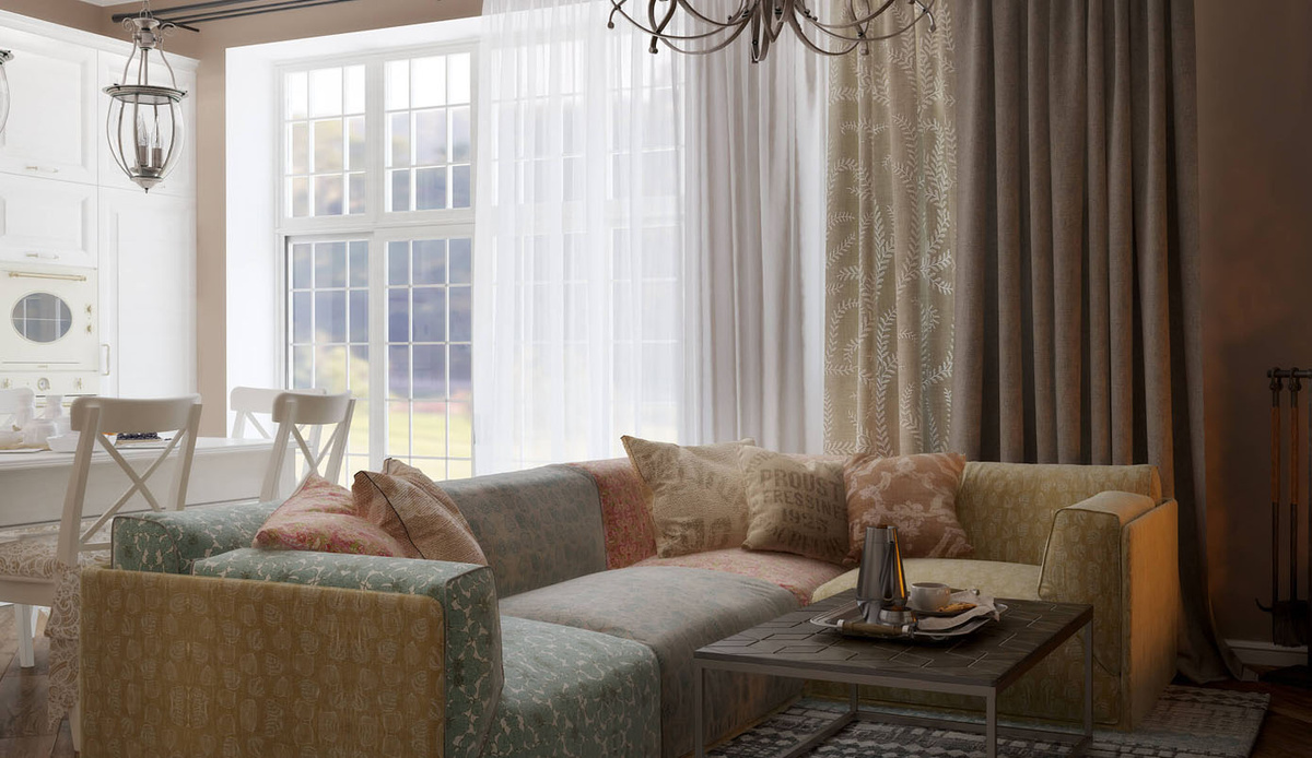 Пёстрый диван разбавил лаконичную атмосферу интерьера в стиле прованс. Проект студии Design Home Group